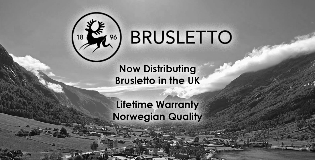 Black and white promotional graphic featuring a mountain valley landscape with the Brusletto logo and text reading 'Now Distributing Brusletto in the UK', 'Lifetime Warranty', and 'Norwegian Quality'.